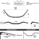 Technical drawing of BarCraft handlebars with dimensions and specifications for wide mount beach bars 1.25 inch diamter, mirror polish. harley davidson springer indian chief chieftain vintage suzuki m109r c109 roadliner thunderbird