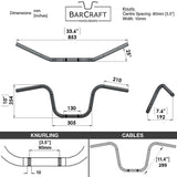 Technical drawing of BARCRAFT handlebars with dimensions and specifications for Black Finish 10" inch Ape Hanger motorcycle Handlebars 7/8" inch Diameter 250 500 triumph suzuki honda xg xg500 street harley davidson stainless 