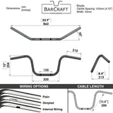 Technical drawing of BarCraft handlebars with dimensions and specifications for Mirror Finish 10" Ape Hanger Handlebars 1" Wide Mount