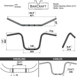 Technical drawing of BarCraft handlebars with dimensions and specifications for Mirror Finish 12" Ape Hanger Handlebars 7/8" inch Diameter 250 500 triumph suzuki honda xg xg500 street harley davidson