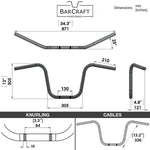 Technical drawing of BarCraft handlebars with dimensions for Black Finish 12" inch Ape Hanger motorcycle Handlebars 7/8" inch Diameter front View 250 500 triumph suzuki honda xg xg500 street harley davidson stainless 