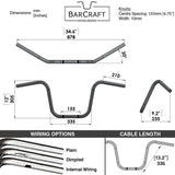 Technical drawing of BarCraft handlebars with dimensions and specifications for Mirror Finish 12" Ape Hanger Handlebars 1" Diameter Wide Mount Handlebars