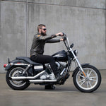 Mirror Finish 14"Ape Hanger Handlebars 1" Diameter on FXD super glide motorcycle photo of rider on bike side view for Harley Davidson barcraft stainless softail dyna sportster FXD  super glide
