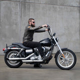 Mirror Finish 14"Ape Hanger Handlebars 1" Diameter on FXD super glide motorcycle photo of rider on bike side view for Harley Davidson barcraft stainless softail dyna sportster FXD  super glide