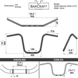 Technical drawing of BarCraft handlebars with dimensions and specifications Mirror Finish 12" Ape Hanger motorcycle Handlebars 7/8" inch Diameter View 250 500 triumph suzuki honda xg xg500 street harley davidson