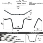 Technical drawing of BarCraft handlebars with dimensions and specifications for Mirror Finish 14" Ape Hanger Handlebars 1" diameter Wide Mount Handlebars