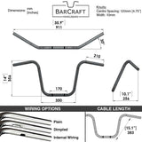 Technical drawing of BarCraft handlebars with dimensions and specifications for Mirror Finish 14" Ape Hanger Handlebars 1" diameter Wide Mount Handlebars