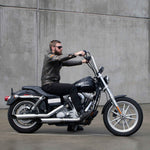 Mirror Finish 16" Ape Hanger Handlebars 1" on FXD superglide   Harley Davidson side view with rider barcraft stainless softail dyna sportster