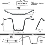 Technical drawing of Barcraft handlebars with dimensions and specifications for Mirror Finish 16" Ape Hanger motorcycle Handlebars 7/8" inch Diameter 250 500 triumph suzuki honda xg xg500 street harley davidson