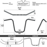 Technical drawing of Barcraft handlebars with dimensions and specifications for Mirror Finish 16" Ape Hanger motorcycle Handlebars 7/8" inch Diameter 250 500 triumph suzuki honda xg xg500 street harley davidson