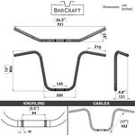 Technical drawing of BarCraft handlebars with dimensions and specifications for Black Finish 16" inch Ape Hanger motorcycle Handlebars 7/8" inch Diameter 250 500 triumph suzuki honda xg xg500 street harley davidson stainless 