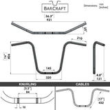 Technical drawing of BarCraft handlebars with dimensions and specifications for Black Finish 16" inch Ape Hanger motorcycle Handlebars 7/8" inch Diameter 250 500 triumph suzuki honda xg xg500 street harley davidson stainless 