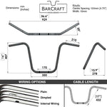 Technical drawing of BarCraft handlebars with dimensions and specifications for Mirror Finish 16" Ape Hanger Handlebars 1" Wide Mount Handlebars