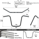 Technical drawing of BarCraft handlebars with dimensions and specifications for Mirror Finish 16" Ape Hanger Handlebars 1" Wide Mount Handlebars