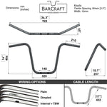 Mirror Finish 16" Ape Hanger Handlebars 1" Diameter Dimension drawing specs specifications for Harley Davidson barcraft stainless softail dyna sportster