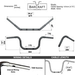 Technical drawing of BarCraft handlebars with dimensions and specifications for Mirror Finish 10" Ape Hanger Handlebars 1.25" Wide Mount