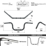 Technical drawing of BarCraft handlebars with dimensions and specifications for Mirror Finish 10" Ape Hanger Handlebars 1.25" Wide Mount