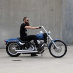 Mirror Finish 12" Ape Hanger Handlebars 1.25" 1 1/4 inch Diameter side View of softail standard FXST motorcycle with rider for Harley Davidson barcraft stainless fatboy softail breakout