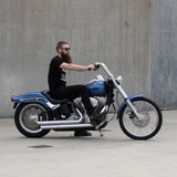 Mirror Finish 12" Ape Hanger Handlebars 1.25" 1 1/4 inch Diameter side View of softail standard FXST motorcycle with rider for Harley Davidson barcraft stainless fatboy softail breakout