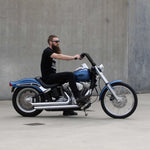 Black Finish 12" ape hanger Handlebars 1 1/4" 1.25 inch Diameter side View on softail standard FXST with rider for Harley Davidson barcraft stainless fatboy softail breakout
