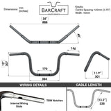 Technical drawing of BarCraft handlebars with dimensions and specifications for Mirror Finish 12" Ape Hanger Handlebars 1.25" wide mount