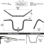 Technical diagram of BarCraft handlebars with dimensions and specifications for Black Finish 14" ape hanger Handlebars 1 1/4" 1.25 inch Diameter Front View for Harley Davidson barcraft stainless fatboy softail breakout