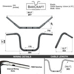Technical drawing of BarCraft handlebars with dimensions and specifications for Mirror Finish 14" Ape Hanger Handlebars 1.25" wide mount