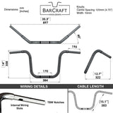 Technical specifications of BarCraft handlebars with dimensions and wiring details for wide mount 14'' ape hanger handlebars 1.25 inch diameter fits harley davidson springer indian chief chieftain vintage suzuki m109r c109 roadliner thunderbird