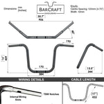Technical drawing of BarCraft handlebars with dimensions and specifications for Mirror Finish 16" Ape Hanger Handlebars 1.25" wide mount