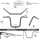 Technical drawing of BarCraft handlebars with dimensions and specifications for Mirror Finish 16" Ape Hanger Handlebars 1.25" wide mount