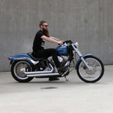 Black Finish beach motorcycle Handlebars 1 1/4" 1.25 inch Diameter side View on softail standard FXST with rider for Harley Davidson barcraft stainless fatboy softail breakout