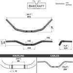 Technical drawing of BarCraft handlebars with dimensions labeled for Black Finish beach motorcycle Handlebars 1 1/4" 1.25 inch Diameter View for Harley Davidson barcraft stainless fatboy softail breakout