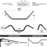 Mirror Finish buckhorn Handlebars 1.25" 1 1/4 inch Diameter technical drawing specifications spec dimensions  of handlebars barcraft stainless fatboy chubby bar fat bar for harley davidson softail breakout