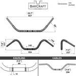 Technical drawing of BarCraft handlebars with dimensions and specifications for Black Finish buckhorn motorcycle Handlebars 1 1/4" 1.25 inch Diameter front View for Harley Davidson barcraft stainless fatboy softail breakout