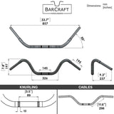 Technical drawing of BarCraft handlebars with dimensions and specifications for Black Finish buckhorn motorcycle Handlebars 1 1/4" 1.25 inch Diameter front View for Harley Davidson barcraft stainless fatboy softail breakout