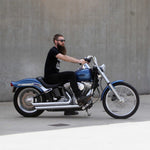 Mirror Finish buckhorn Handlebars 1.25" 1 1/4 inch Diameter side view of handlebars of softail standard FXST with rider barcraft stainless fatboy chubby bar fat bar for harley davidson softail breakout