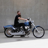 Mirror Finish buckhorn Handlebars 1.25" 1 1/4 inch Diameter side view of handlebars of softail standard FXST with rider barcraft stainless fatboy chubby bar fat bar for harley davidson softail breakout
