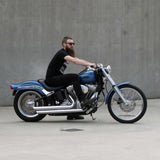 Drag Bar Handlebars 1 1/4" Diameter side View on softail standard FXST motorcycle with rider for Harley Davidson barcraft stainless fatboy softail