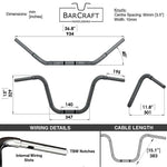 Technical diagram of BarCraft Old School Ape Hangers handlebars with dimensions and specifications for Drag Bar Handlebars 1 1/4" 1.25 inch Diameter for Harley Davidson barcraft stainless fatboy softail breakout
