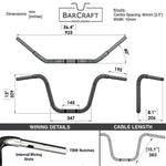 Technical drawing of BarCraft handlebars with dimensions and specifications for Black Finish Old school ape hanger motorcycle Handlebars 1 1/4" 1.25 inch Diameter for Harley Davidson barcraft stainless fatboy softail breakout