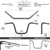 Technical drawing of BarCraft handlebars with dimensions and specifications for Black Finish Old school ape hanger motorcycle Handlebars 1 1/4" 1.25 inch Diameter for Harley Davidson barcraft stainless fatboy softail breakout