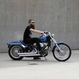 Mirror Finish Western Handlebars 1 1/4" 1.25 inch Diameter side View on softail standard FXST with rider for Harley Davidson barcraft stainless fatboy softail breakout