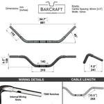 Technical drawing of Barcraft handlebars with dimensions and specifications for Black Finish western motorcycle Handlebars 1 1/4" 1.25 inch Diameter Front View for Harley Davidson barcraft stainless fatboy softail breakout