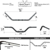 Technical drawing of Barcraft handlebars with dimensions and specifications for Black Finish western motorcycle Handlebars 1 1/4" 1.25 inch Diameter Front View for Harley Davidson barcraft stainless fatboy softail breakout