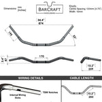 Technical drawing of BarCraft handlebars with dimensions and specifications for wide mount beach bars 1.25 inch diamter, mirror polish. harley davidson springer indian chief chieftain vintage suzuki m109r c109 roadliner thunderbird 