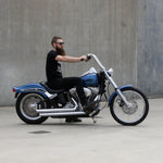 Mirror Finish 14" Ape Hanger Handlebars 1.25" 1 1/4 inch Diameter on softail standard FXST for Harley Davidson motorcycle side view with rider barcraft stainless fatboy softail breakout