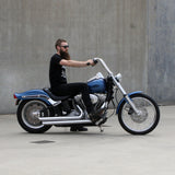 Mirror Finish 14" Ape Hanger Handlebars 1.25" 1 1/4 inch Diameter on softail standard FXST for Harley Davidson motorcycle side view with rider barcraft stainless fatboy softail breakout