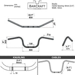 Technical drawing of BarCraft handlebars with dimensions and specifications for Black Finish 8" inch Ape Hanger motorcycle Handlebars 7/8" inch Diameter front View 250 500 triumph suzuki honda xg xg500 street harley davidson stainless 