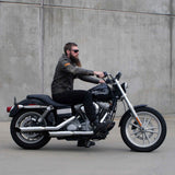 Mirror Finish Beach Bar Bikini Cruiser Handlebars 1" Diameter side View on FXD super glide motorcycle with rider for Harley Davidson barcraft stainless softail dyna sportster