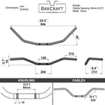 Technical drawing of BarCraft handlebars with dimensions and specifications for Mirror Finish Beach motorcycle Handlebars 7/8" inch Diameter View 250 500 triumph suzuki honda xg xg500 street harley davidson